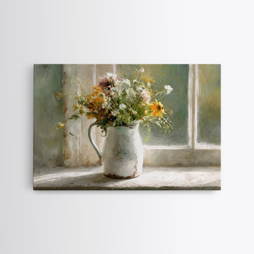Country Wildflowers in a Chipped Ceramic Pitcher Canvas Print, Bed and Breakfast Art, Coffee Wall Art, Living Room Decor, BAB-3x2-5