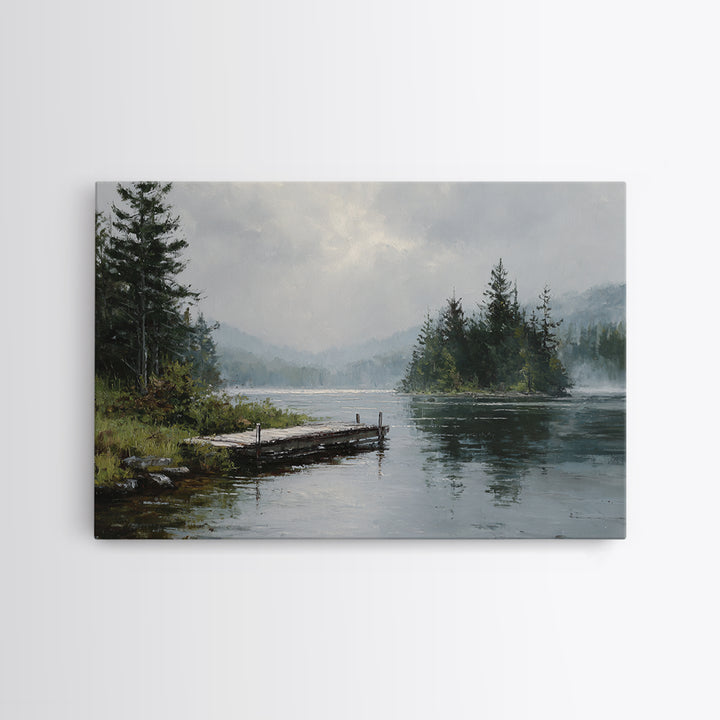 Quiet Lake Dock at Early Morning Framed Canvas Print, Bed and Breakfast Art, Farmhouse Wall Decor, Living Room Decor, Fine Art, BAB-3x2-50