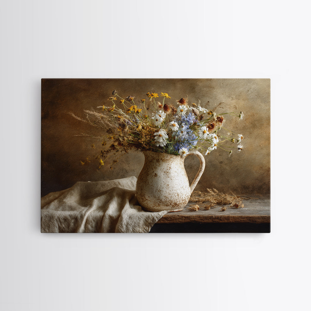 Country Wildflowers in a Chipped Ceramic Pitcher Canvas Print, Bed and Breakfast Art, Modern Decor, Living Room Decor, BAB-3x2-53