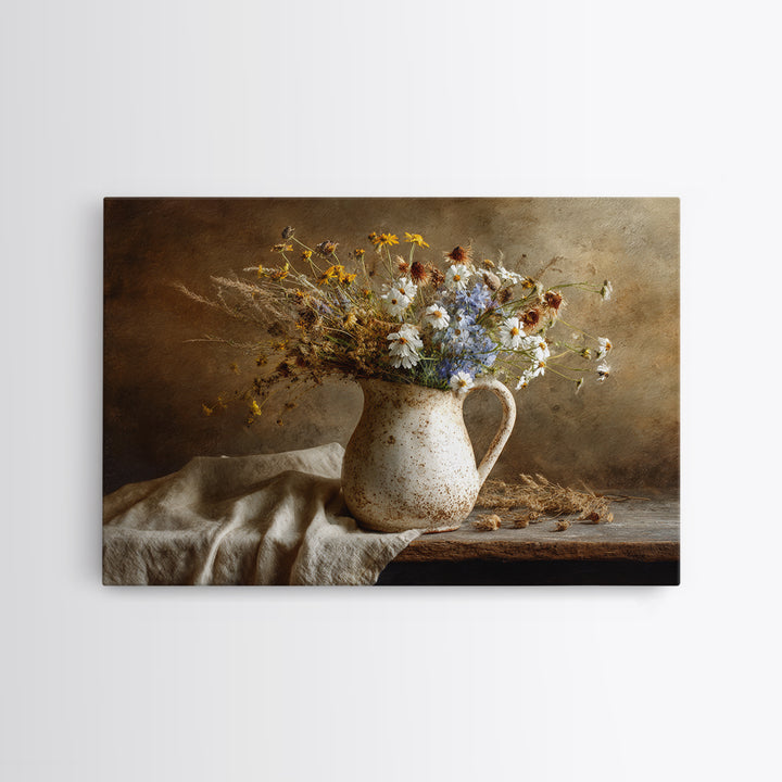 Country Wildflowers in a Chipped Ceramic Pitcher Canvas Print, Bed and Breakfast Art, Modern Decor, Living Room Decor, BAB-3x2-53