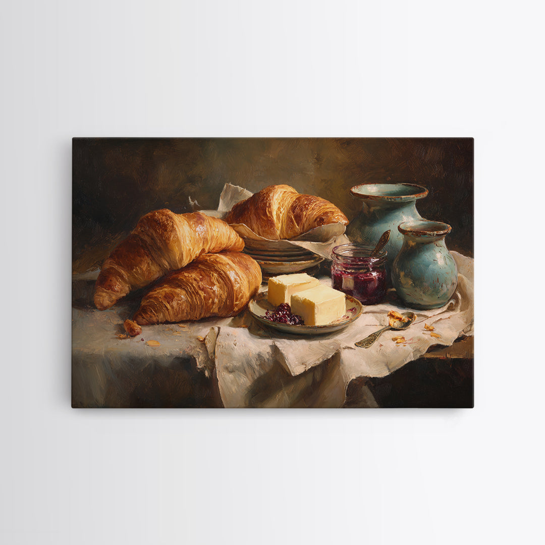 Fresh Croissants and Jam on a Linen Canvas Print, Bed and Breakfast Art, Above Bed Decor, Living Room Decor, Fine Art, BAB-3x2-54