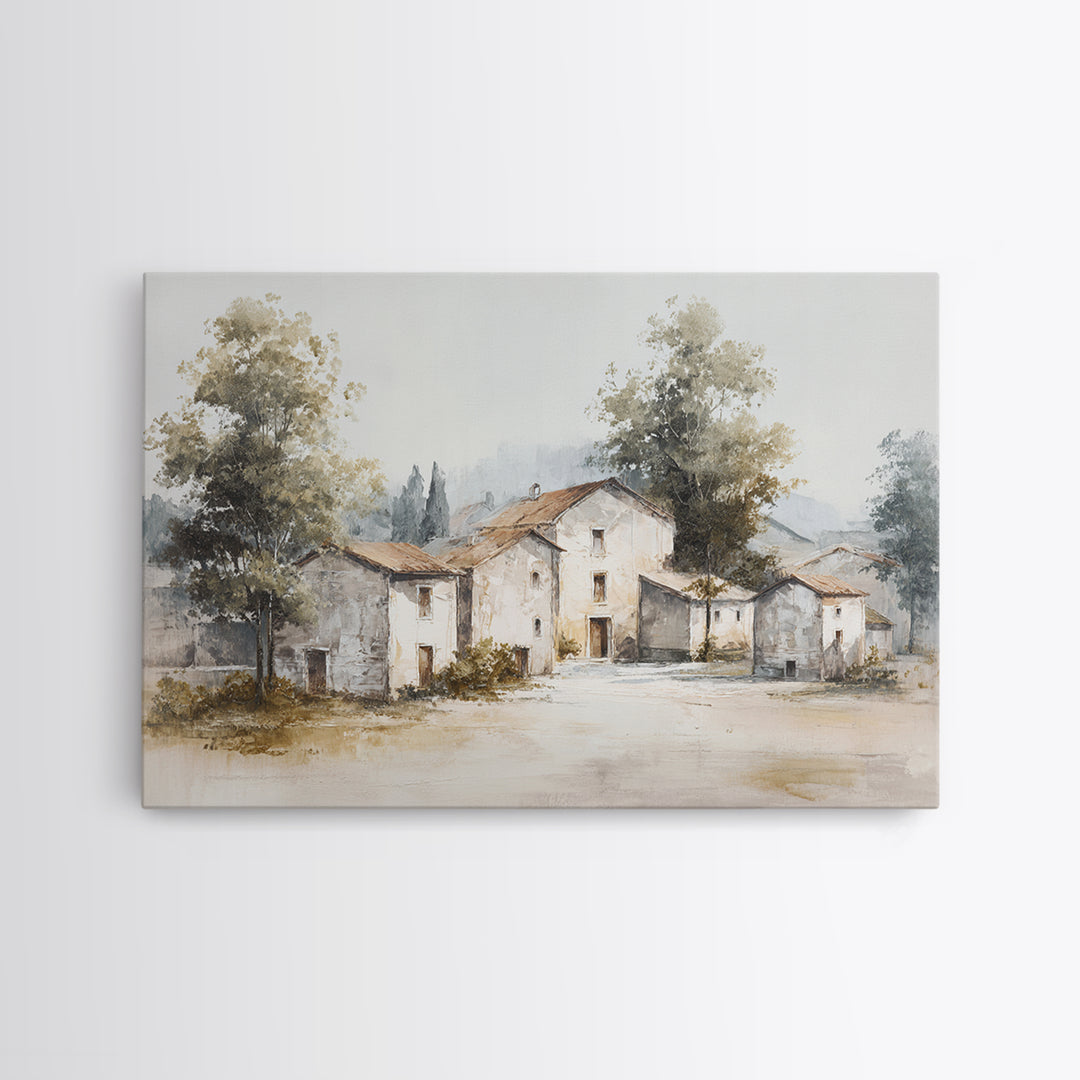Soft Watercolor Village Street at Dawn Canvas Print, Bed and Breakfast Art, Folk Art, Living Room Decor, Fine Art, BAB-3x2-57