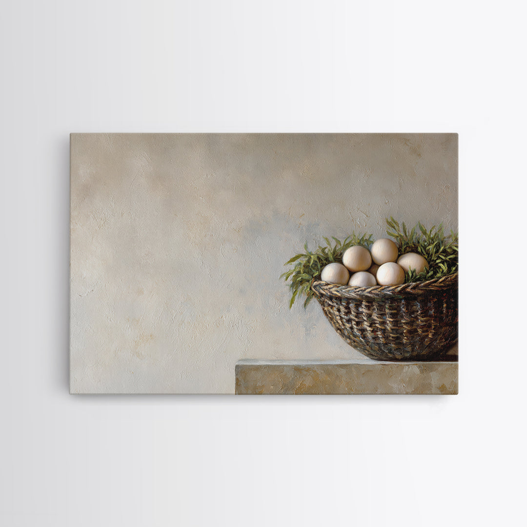 Fresh Eggs in a Woven Basket with Canvas Print, Bed and Breakfast Art, Coffee Art, Living Room Decor, Watercolor Art, BAB-3x2-58