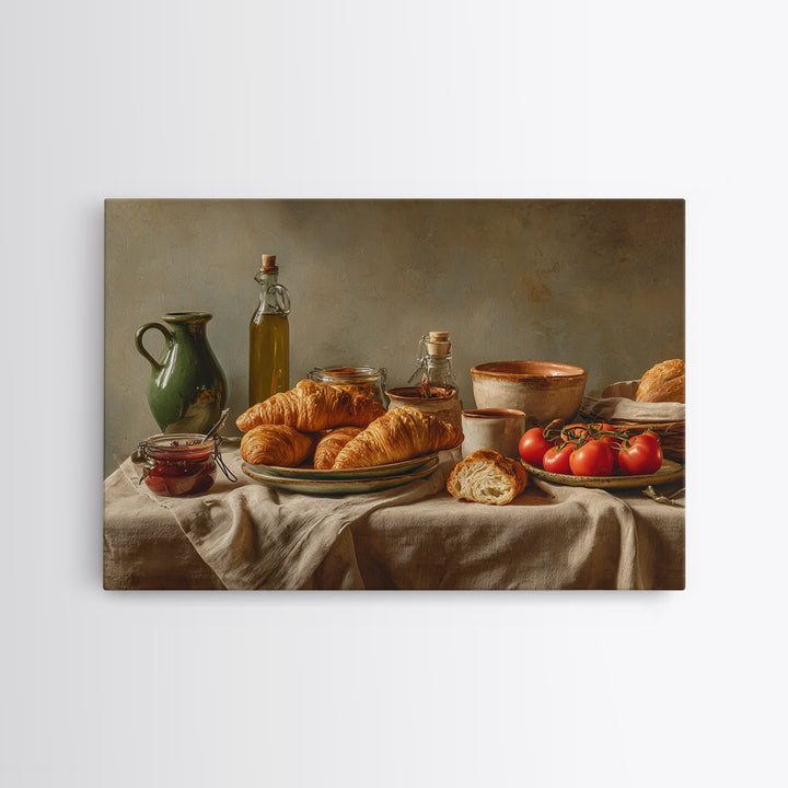 Fresh Croissants and Jam on a Linen Framed Canvas Print, Bed and Breakfast Art, Dopamine Decor, Living Room Decor, Fine Art, BAB-3x2-6