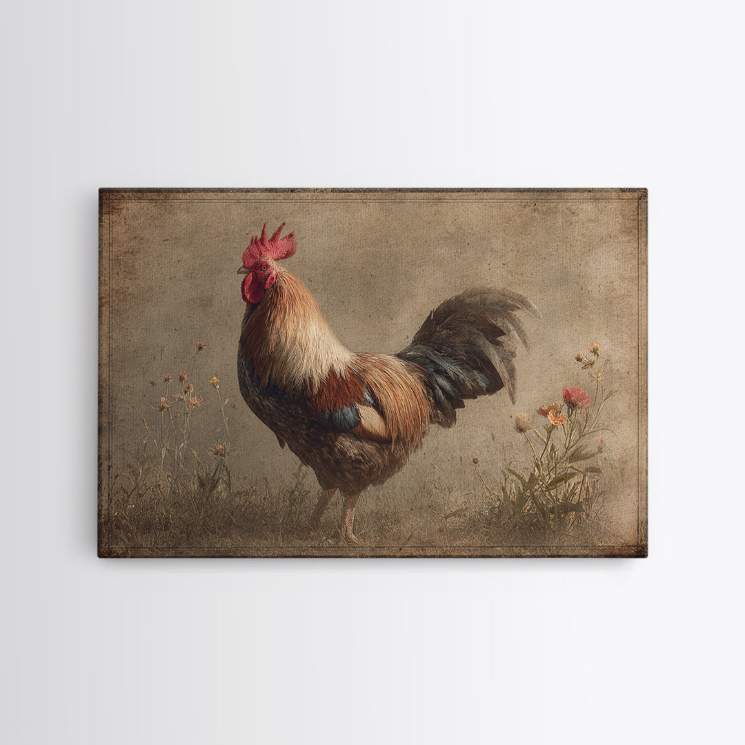 Rooster and Wildflower Country Portrait Canvas Print, Bed and Breakfast Art, Rustic Home Decor, Living Room Decor, BAB-3x2-71