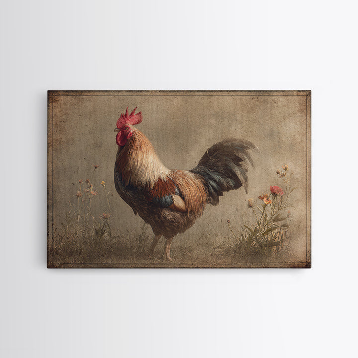 Rooster and Wildflower Country Portrait Canvas Print, Bed and Breakfast Art, Rustic Home Decor, Living Room Decor, BAB-3x2-71