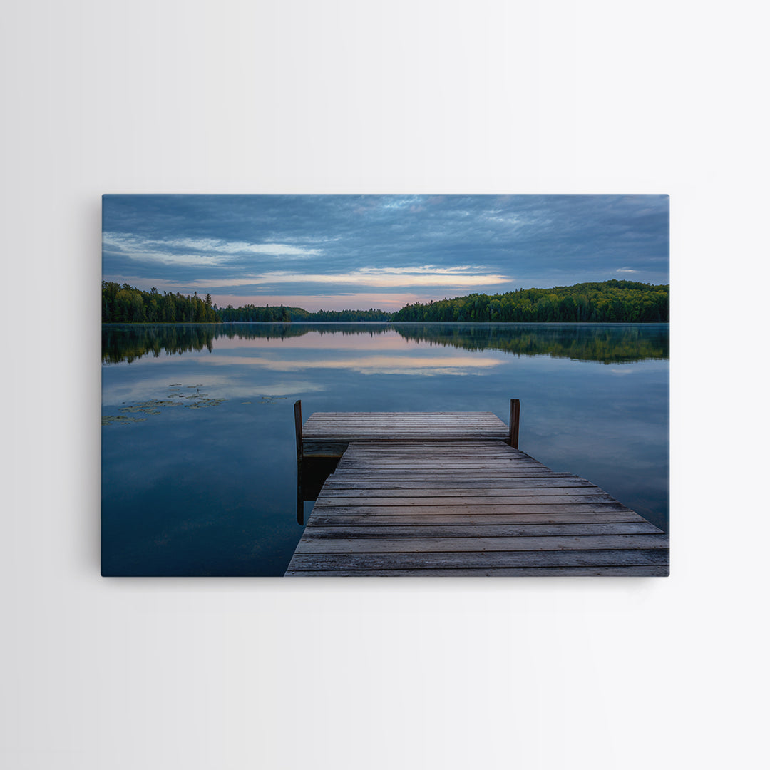 Quiet Lake Dock at Early Morning Framed Canvas Print, Bed and Breakfast Art, Farmhouse Wall Decor, Living Room Decor, Fine Art, BAB-3x2-74