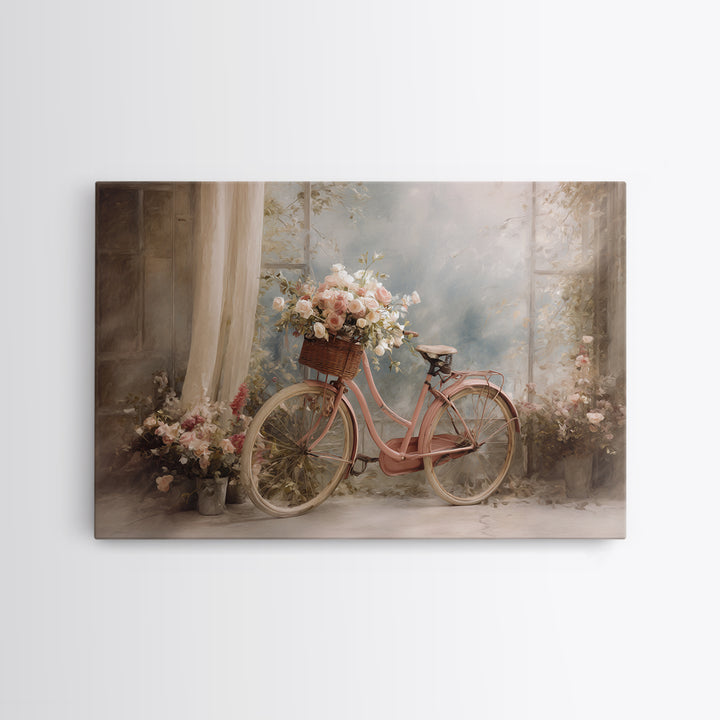 Old Bicycle with Flowers in Basket Canvas Print, Bed and Breakfast Art, Print, Living Room Decor, Watercolor Art, BAB-3x2-75
