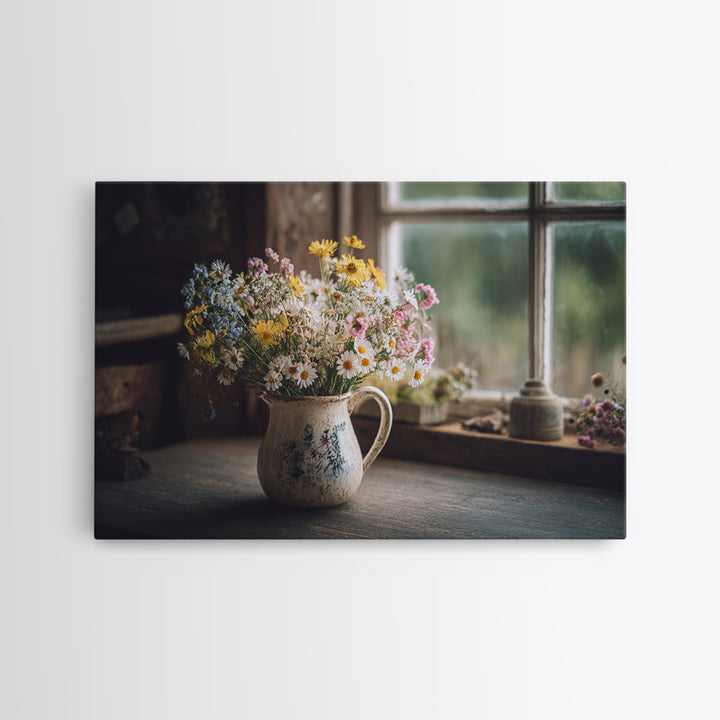 Country Wildflowers in a Chipped Ceramic Pitcher Canvas Print, Bed and Breakfast Art, Room Decor, Living Room Decor, BAB-3x2-77