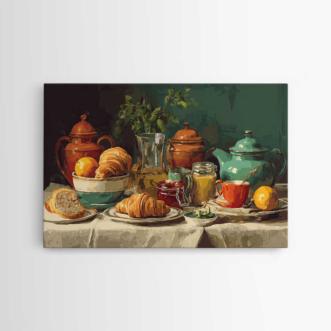 Fresh Croissants and Jam on a Linen Framed Canvas Print, Bed and Breakfast Art, Folk Art, Living Room Decor, Abstract Art, BAB-3x2-78