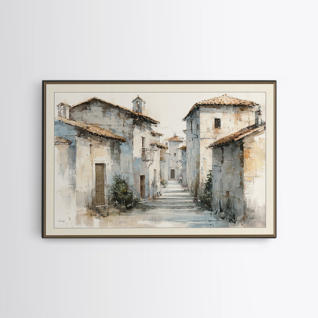 Soft Watercolor Village Street at Dawn Framed Canvas Print, Bed and Breakfast Art, Fine Art Print, Living Room Decor, Fine Art, BAB-3x2-81