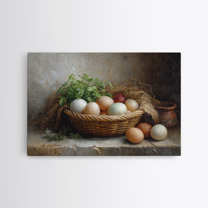 Fresh Eggs in a Woven Basket with Framed Canvas Print, Bed and Breakfast Art, Bedroom Art, Living Room Decor, Oil Painting, BAB-3x2-82