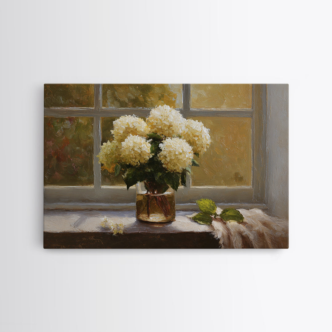 Sunlit Hydrangeas on a Windowsill Framed Canvas Print, Bed and Breakfast Art, Trendy Wall Art, Living Room Decor, Fine Art, BAB-3x2-86