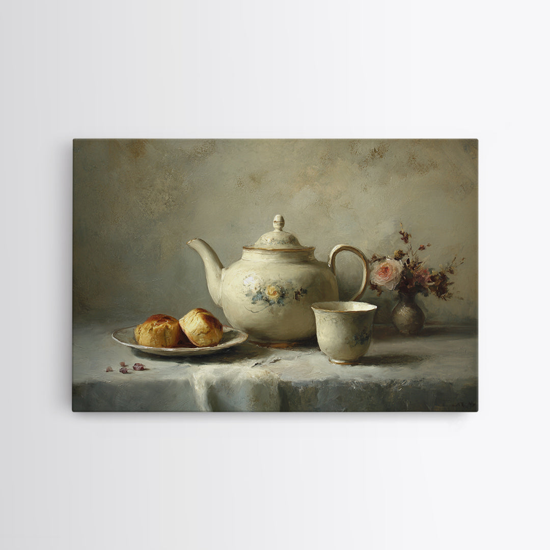 Porcelain Teapot and Scones Canvas Print, Bed and Breakfast Art, Wall Decor, Living Room Decor, Fine Art, Dopamine Decor, BAB-3x2-88