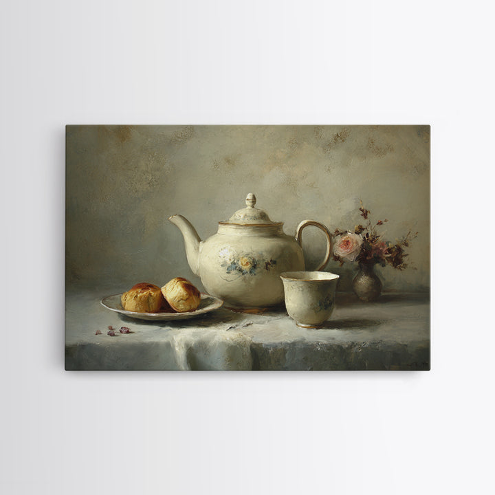 Porcelain Teapot and Scones Canvas Print, Bed and Breakfast Art, Wall Decor, Living Room Decor, Fine Art, Dopamine Decor, BAB-3x2-88