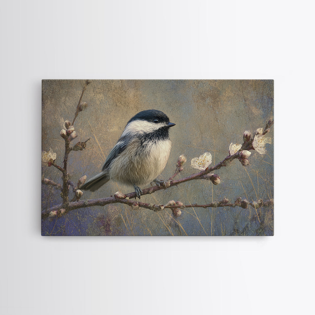 Small Bird on a Flowering Branch Framed Canvas Print, Bed and Breakfast Art, Farmhouse Wall Art, Living Room Decor, Fine Art, BAB-3x2-90
