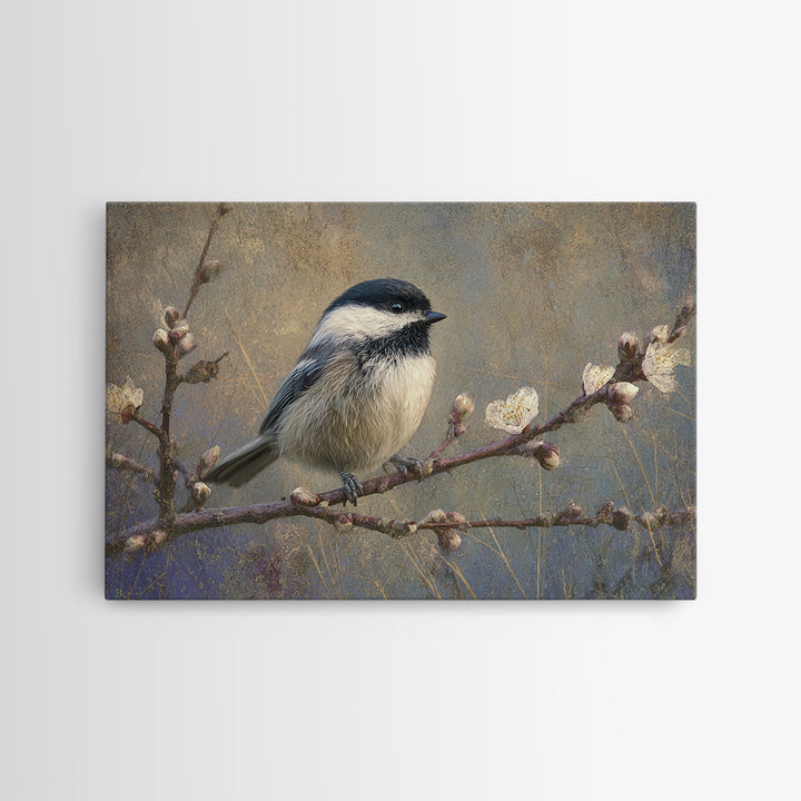 Small Bird on a Flowering Branch Framed Canvas Print, Bed and Breakfast Art, Farmhouse Wall Art, Living Room Decor, Fine Art, BAB-3x2-90