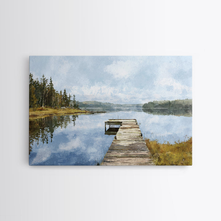 Quiet Lake Dock at Early Morning Canvas Print, Bed and Breakfast Art, Coffee Wall Art, Living Room Decor, Oil Painting, BAB-3x2-98