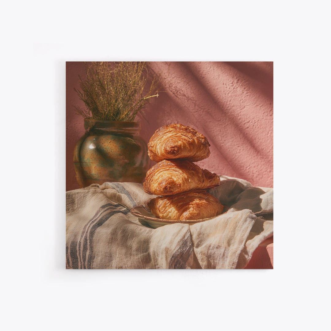 Buttery Croissants Stacked on Striped Linen Framed Canvas Print, Bakery Art, Modern Decor, Bakery Decor, Abstract Art, BAK-1x1-1
