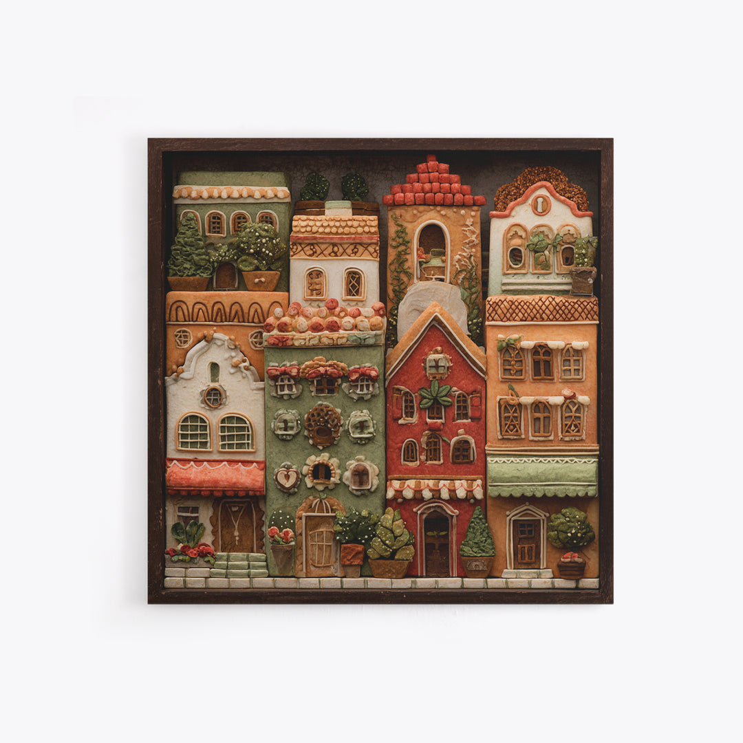 Gingerbread Houses in Charming Folk Art Style Canvas Print, Bakery Art, Whimsical Wall Art, Bakery Decor, Fine Art, Patisserie, BAK-1x1-14