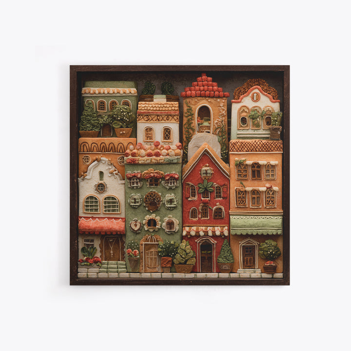 Gingerbread Houses in Charming Folk Art Style Canvas Print, Bakery Art, Whimsical Wall Art, Bakery Decor, Fine Art, Patisserie, BAK-1x1-14