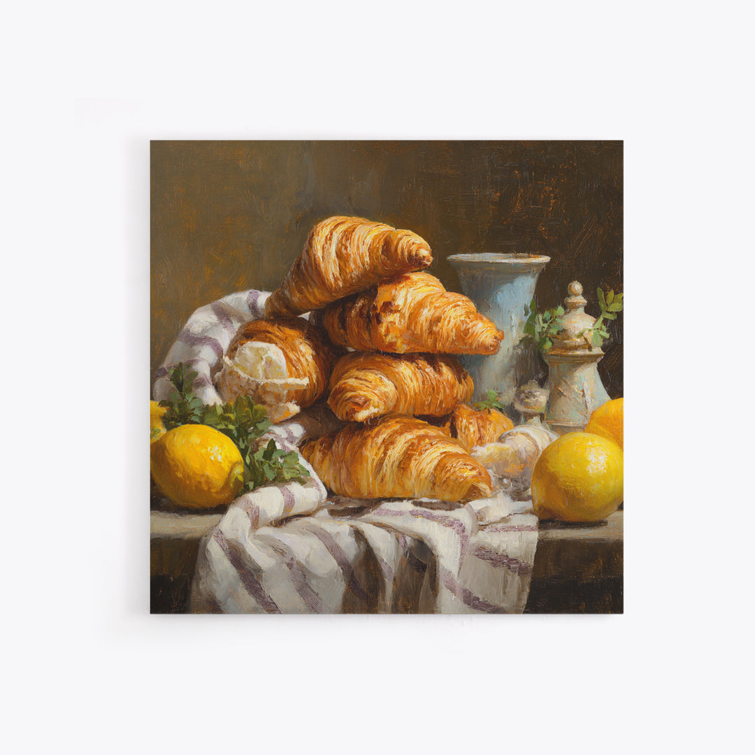Buttery Croissants Stacked on Striped Linen Canvas Print, Bakery Art, Room Decor, Bakery Decor, Abstract Art, Patisserie, BAK-1x1-25