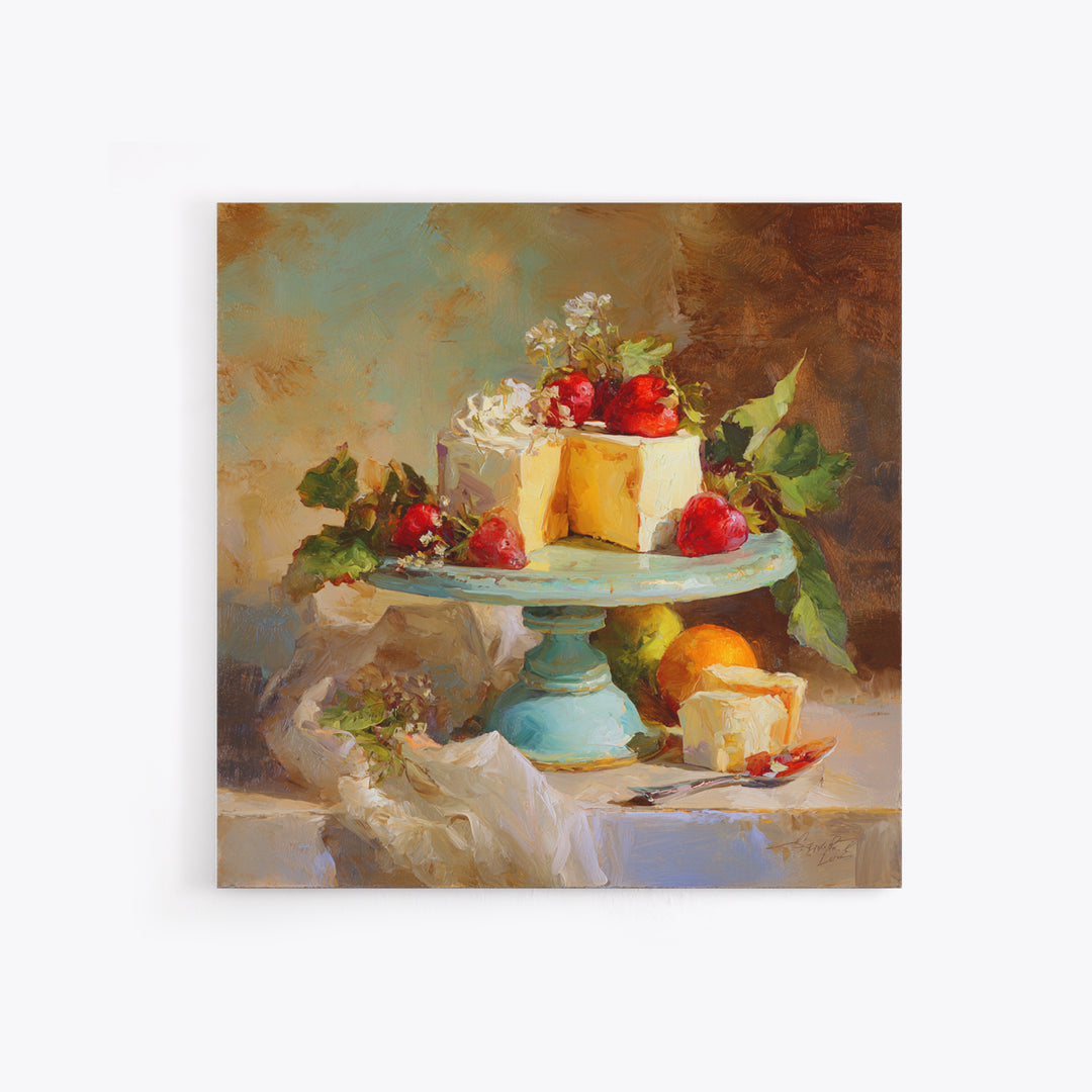 Pastel Cake Stand Framed Canvas Print, Bakery Art, Boho Decor, Bakery Decor, Oil Painting, Patisserie, Printable Wall Art, BAK-1x1-37