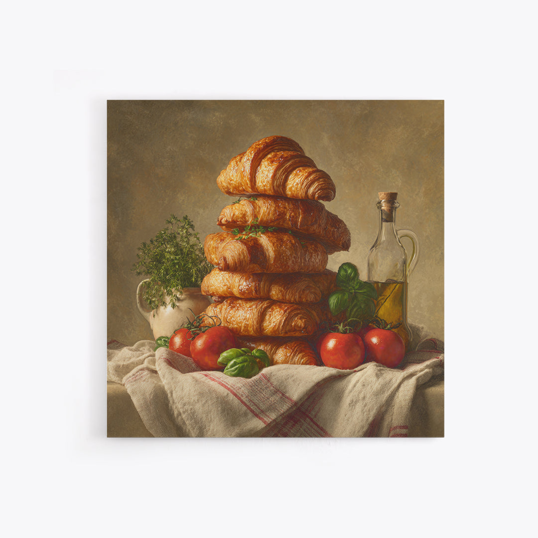 Buttery Croissants Stacked on Striped Linen Canvas Print, Bakery Art, Room Decor, Bakery Decor, Abstract Art, Patisserie, BAK-1x1-49