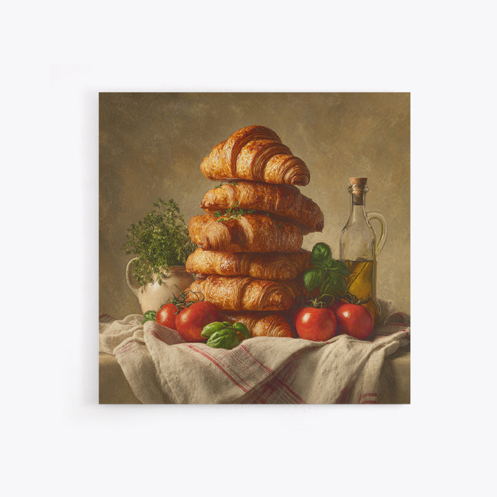 Buttery Croissants Stacked on Striped Linen Canvas Print, Bakery Art, Room Decor, Bakery Decor, Abstract Art, Patisserie, BAK-1x1-49