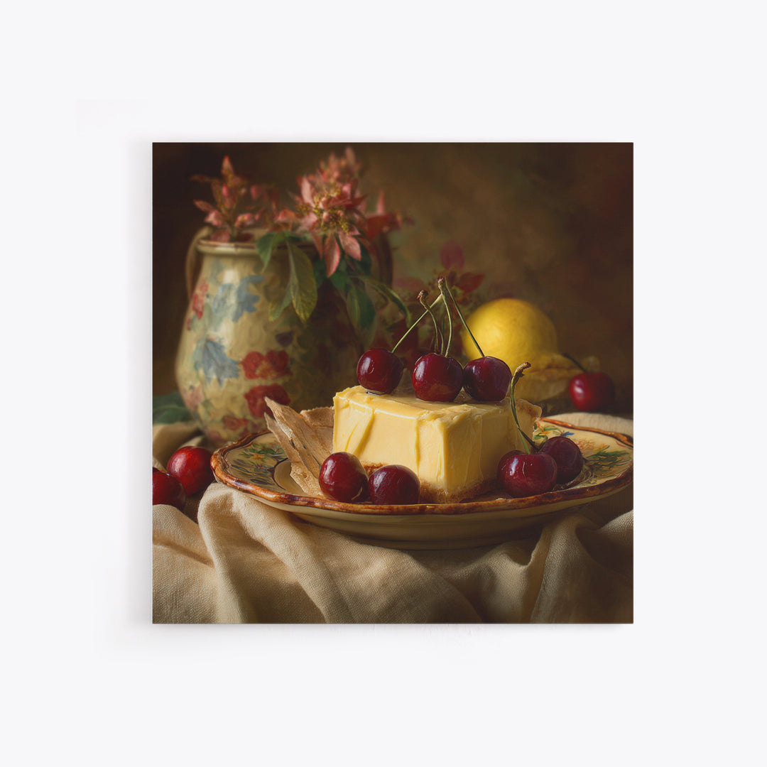 Cherry Tart Still Life Framed Canvas Print, Bakery Art, Textured Painting, Bakery Decor, Fine Art, Patisserie, Printable Art, BAK-1x1-53