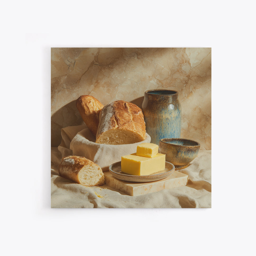 Baguette and Butter Still Life on Marble Framed Canvas Print, Bakery Art, Watercolor Painting, Bakery Decor, Patisserie, BAK-1x1-56