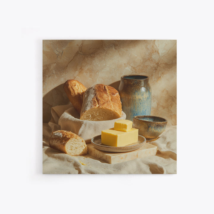 Baguette and Butter Still Life on Marble Framed Canvas Print, Bakery Art, Watercolor Painting, Bakery Decor, Patisserie, BAK-1x1-56