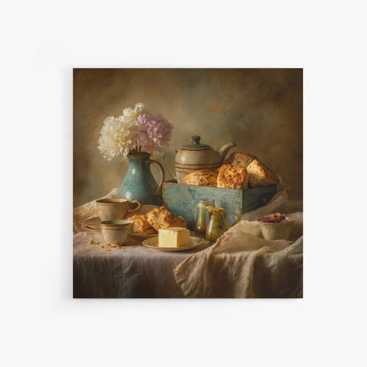 Tea and Scone Arrangement Framed Canvas Print, Bakery Art, Neutral Wall Art, Bakery Decor, Patisserie, Statement Artwork, BAK-1x1-68