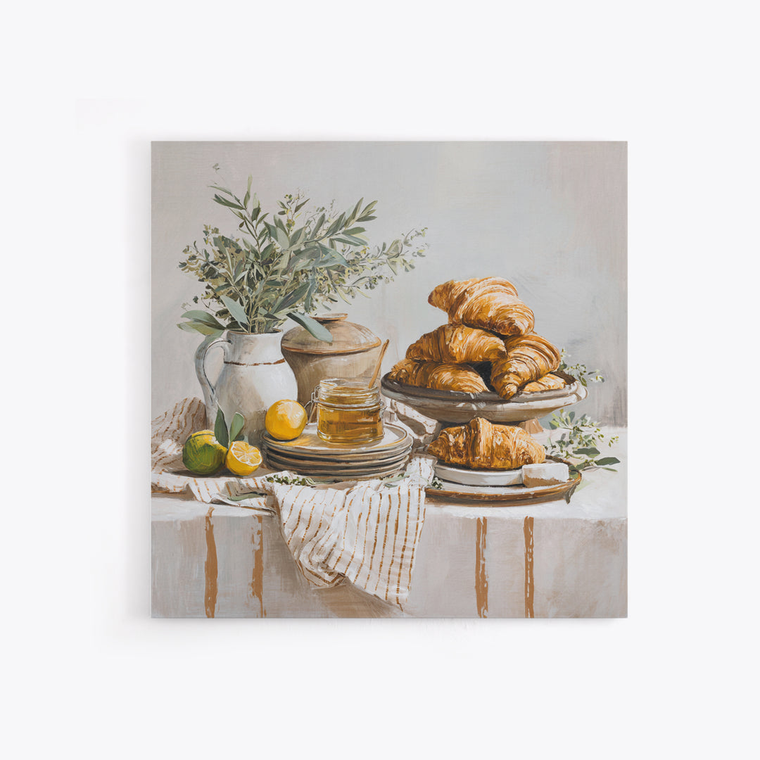 Buttery Croissants Stacked on Striped Linen Framed Canvas Print, Bakery Art, Home Decor, Bakery Decor, Abstract Art, Patisserie, BAK-1x1-73