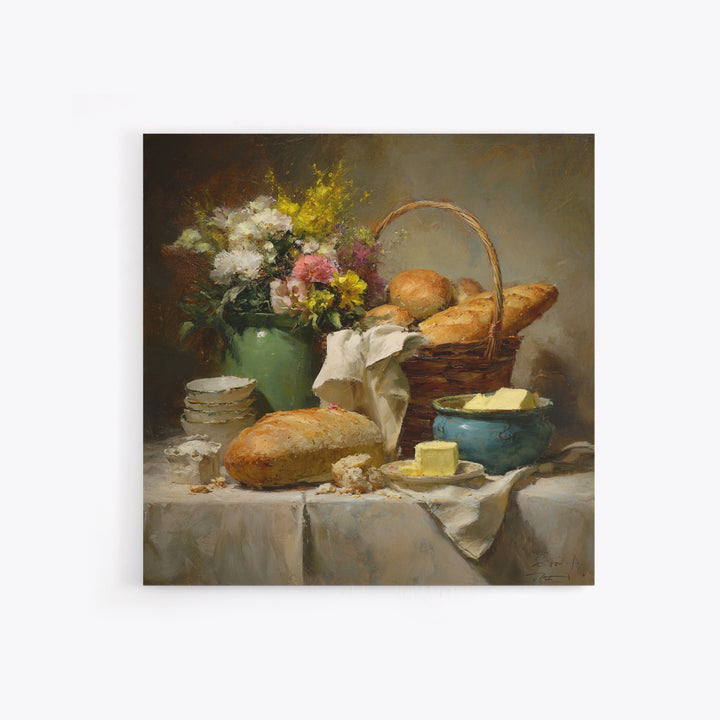 French Market Basket Filled Canvas Print, Bakery Art, Neutral Decor, Bakery Decor, Oil Painting, Patisserie, Home Decor, BAK-1x1-90