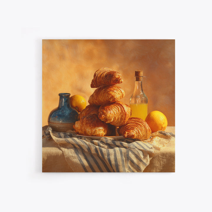 Buttery Croissants Stacked on Striped Linen Canvas Print, Bakery Art, Kitchen Wall Art, Bakery Decor, Fine Art, Patisserie, BAK-1x1-97