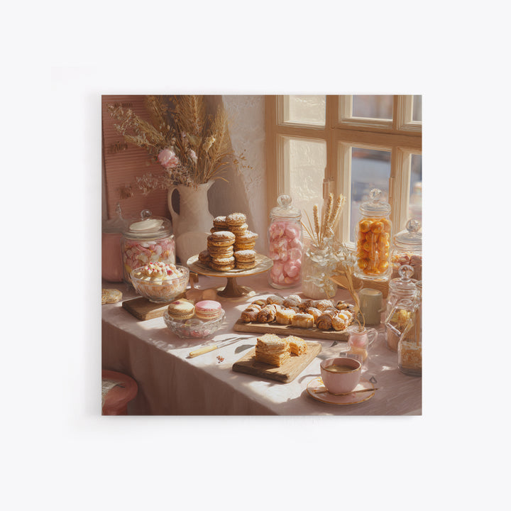 French Patisserie Window Display of Pastel Pastries Canvas Print, Bakery Art, Textured Painting, Bakery Decor, Patisserie, BAK-1x1-98