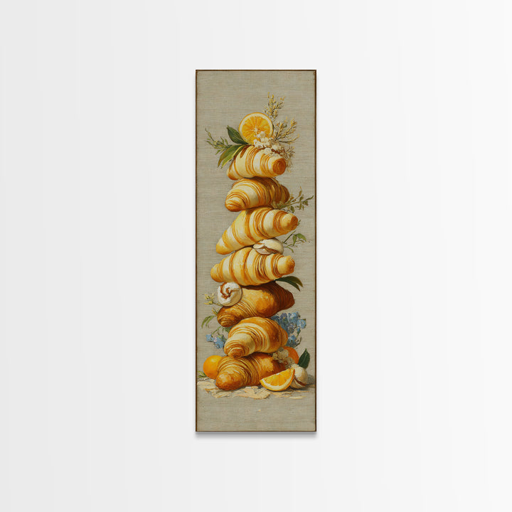 Buttery Croissants Stacked on Striped Linen Canvas Print, Bakery Art, Minimalist Decor, Bakery Decor, Fine Art, Patisserie, BAK-1x3-13