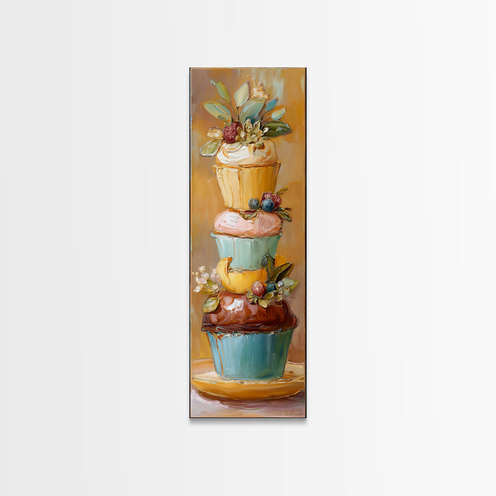 Cupcake Bouquet Painted Framed Canvas Print, Bakery Art, Kitchen Wall Decor, Bakery Decor, Patisserie, Whimsical Wall Art, BAK-1x3-19