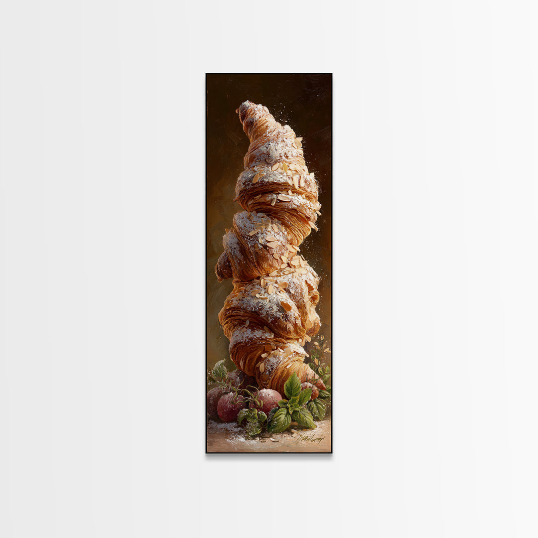Almond Croissant Closeup Canvas Print, Bakery Art, Kitchen Prints, Bakery Decor, Oil Painting, Patisserie, Fine Art, Kids Art, BAK-1x3-27