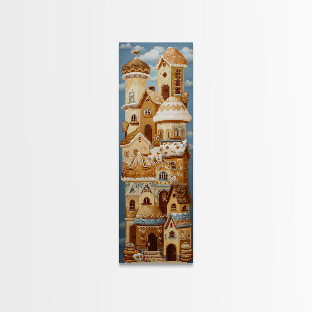 Gingerbread Houses in Charming Folk Art Style Framed Canvas Print, Bakery Art, Fine Art Print, Bakery Decor, Patisserie, BAK-1x3-50
