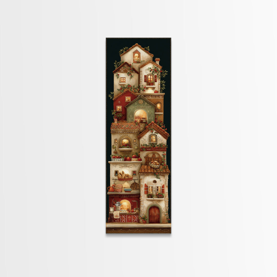 Gingerbread Houses in Charming Folk Art Style Framed Canvas Print, Bakery Art, Fine Art Print, Bakery Decor, Patisserie, BAK-1x3-74