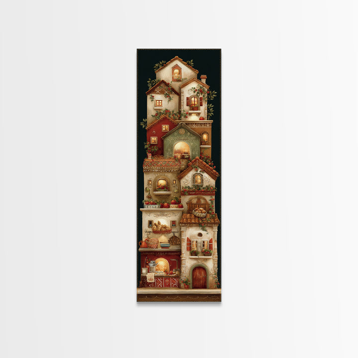 Gingerbread Houses in Charming Folk Art Style Framed Canvas Print, Bakery Art, Fine Art Print, Bakery Decor, Patisserie, BAK-1x3-74