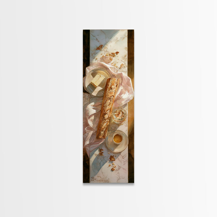 Baguette and Butter Still Life on Marble Framed Canvas Print, Bakery Art, Whimsical Wall Art, Bakery Decor, Patisserie, BAK-1x3-92