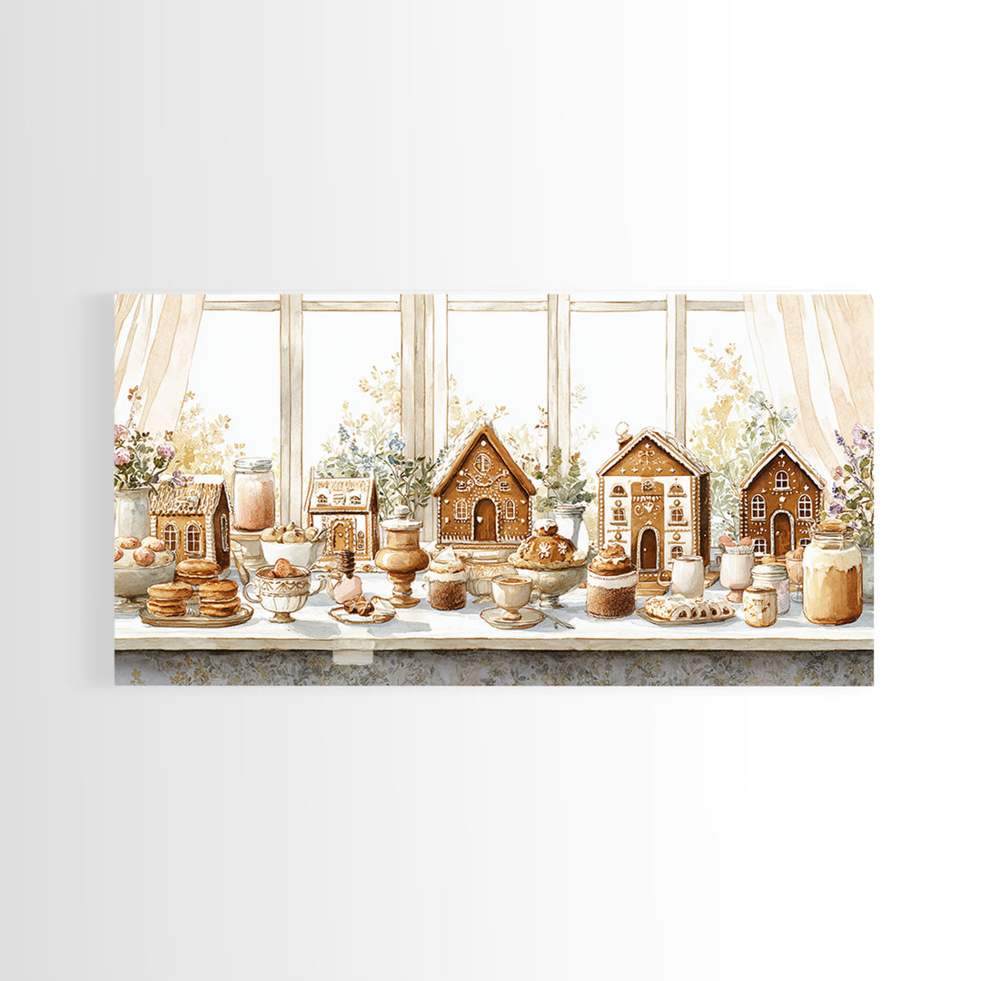 Gingerbread Houses in Charming Folk Art Style Framed Canvas Print, Bakery Art, Contemporary Art, Bakery Decor, Patisserie, BAK-2x1-10