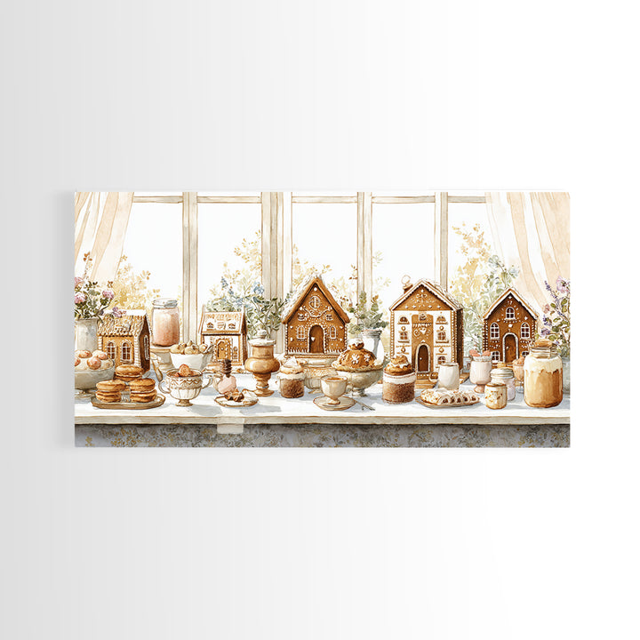 Gingerbread Houses in Charming Folk Art Style Framed Canvas Print, Bakery Art, Contemporary Art, Bakery Decor, Patisserie, BAK-2x1-10