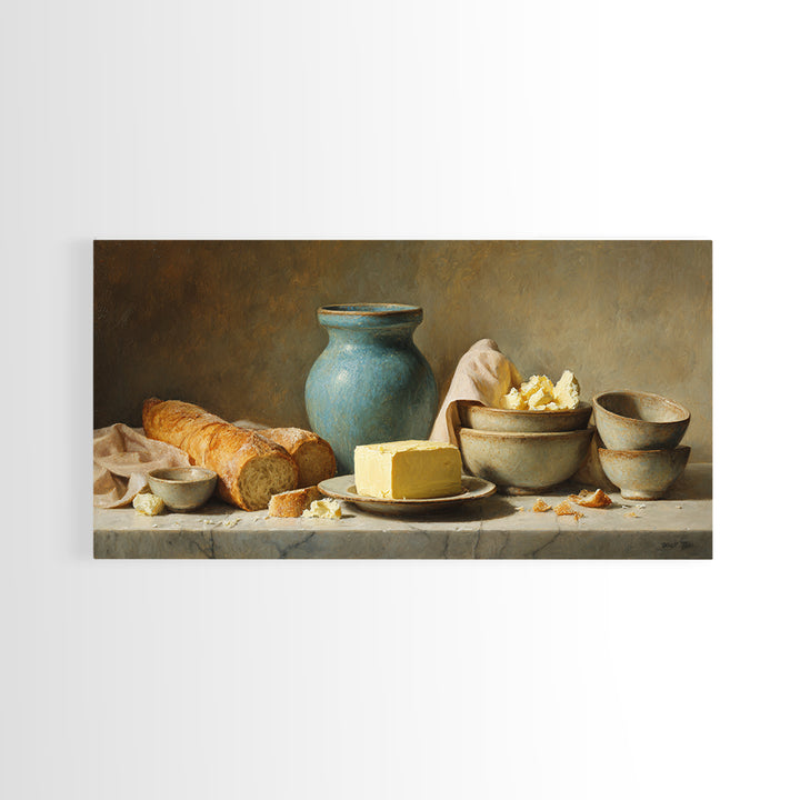 Baguette and Butter Still Life on Marble Framed Canvas Print, Bakery Art, Neutral Wall Art, Bakery Decor, Fine Art, Patisserie, BAK-2x1-100