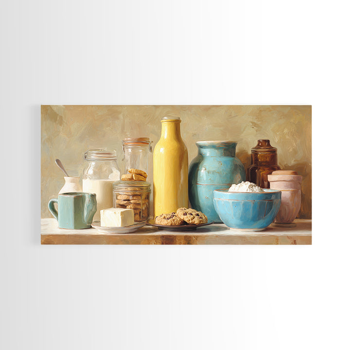 Milk Bottle and Cookies Nostalgic Still Life Framed Canvas Print, Bakery Art, Room Decor, Bakery Decor, Fine Art, Patisserie, BAK-2x1-18