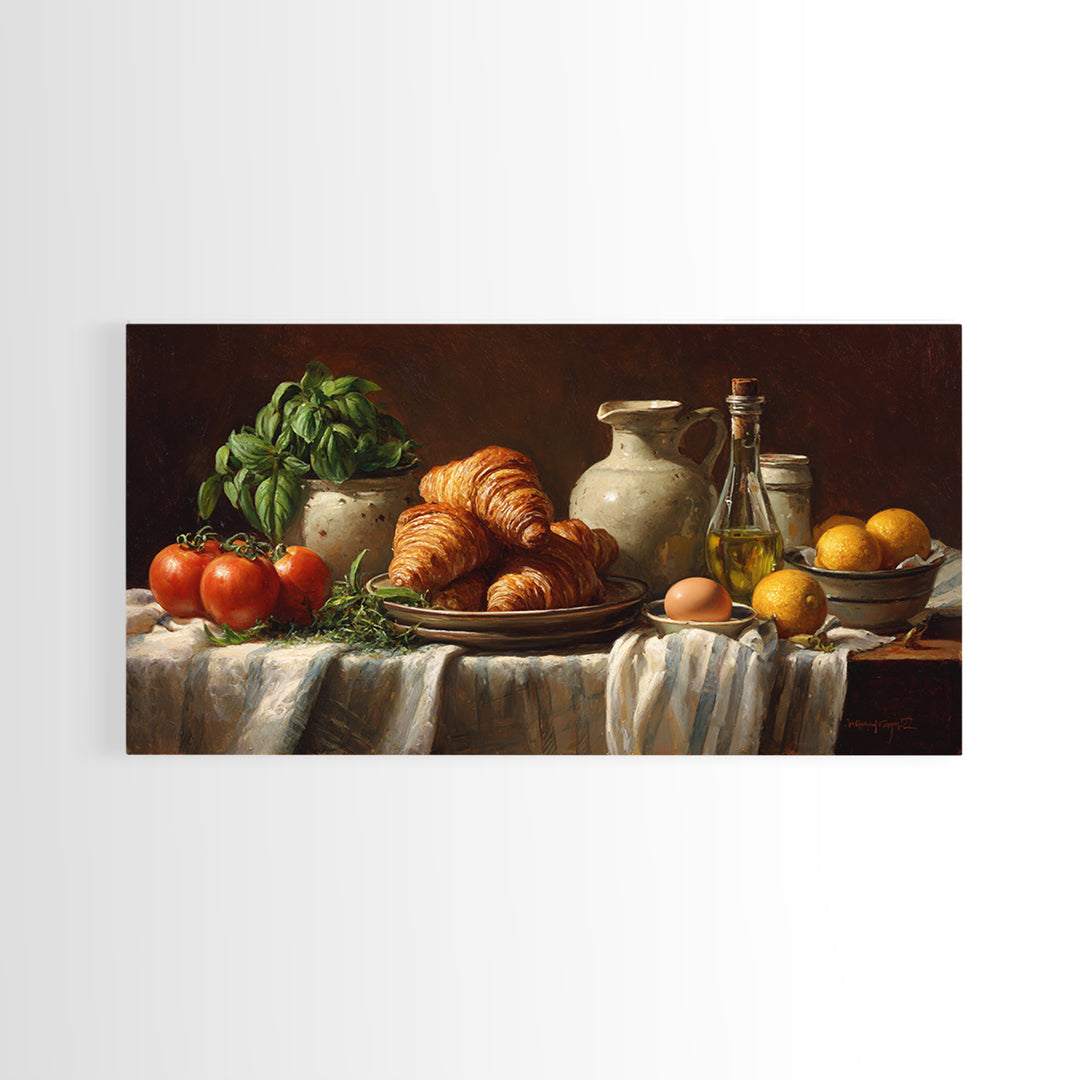 Buttery Croissants Stacked on Striped Linen Canvas Print, Bakery Art, Kitchen Wall Art, Bakery Decor, Fine Art, Patisserie, BAK-2x1-21