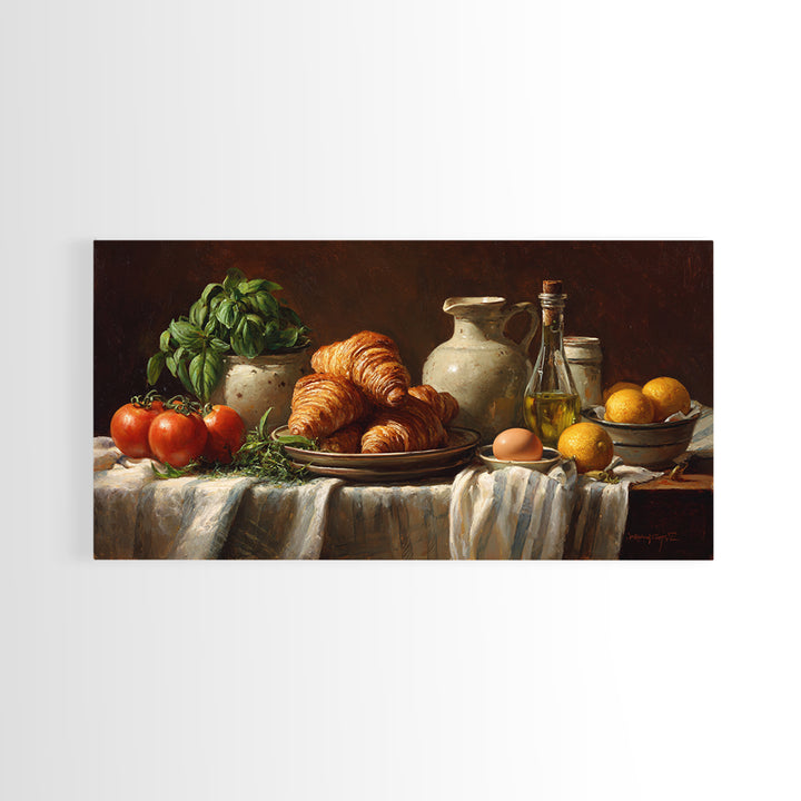 Buttery Croissants Stacked on Striped Linen Canvas Print, Bakery Art, Kitchen Wall Art, Bakery Decor, Fine Art, Patisserie, BAK-2x1-21